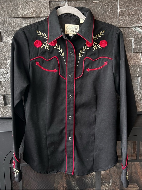 Roper Tops - Vintage Roper Black Western Button-Down Shirt with Red Rose Embroidery